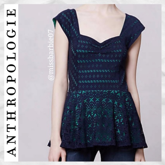 Anthropologie Tops - ☆Anthropologie Postmark Blue Green Eyelit Peplum L